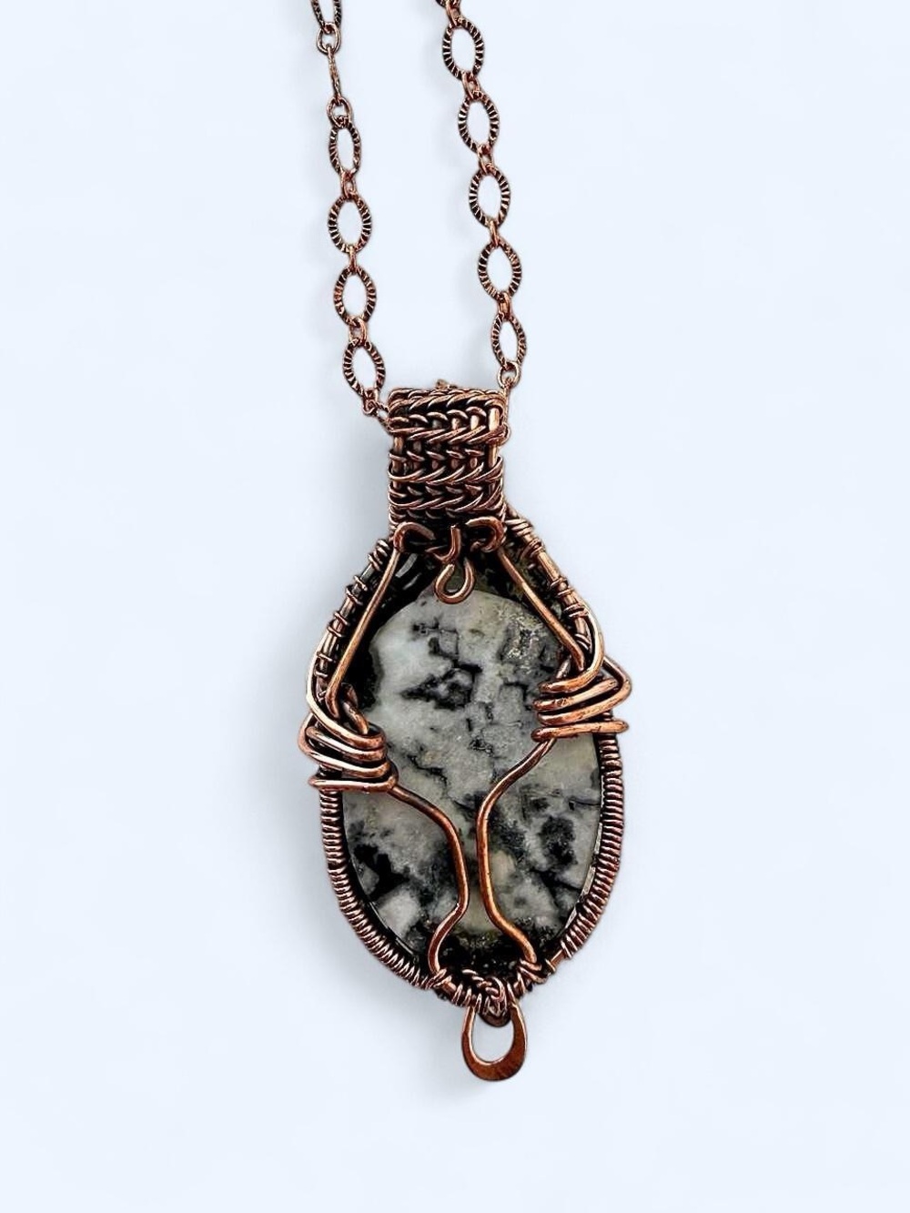 Hand Crafted Copper Wire-Wrapped Black and White Jasper Necklace